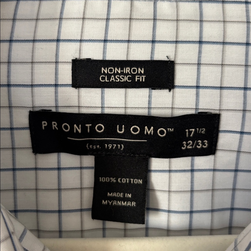 Pronto Uomo Checkered Button Down Men’s Dress Shirt 17 1/2 White Blue & Tan - Picture 7 of 8
